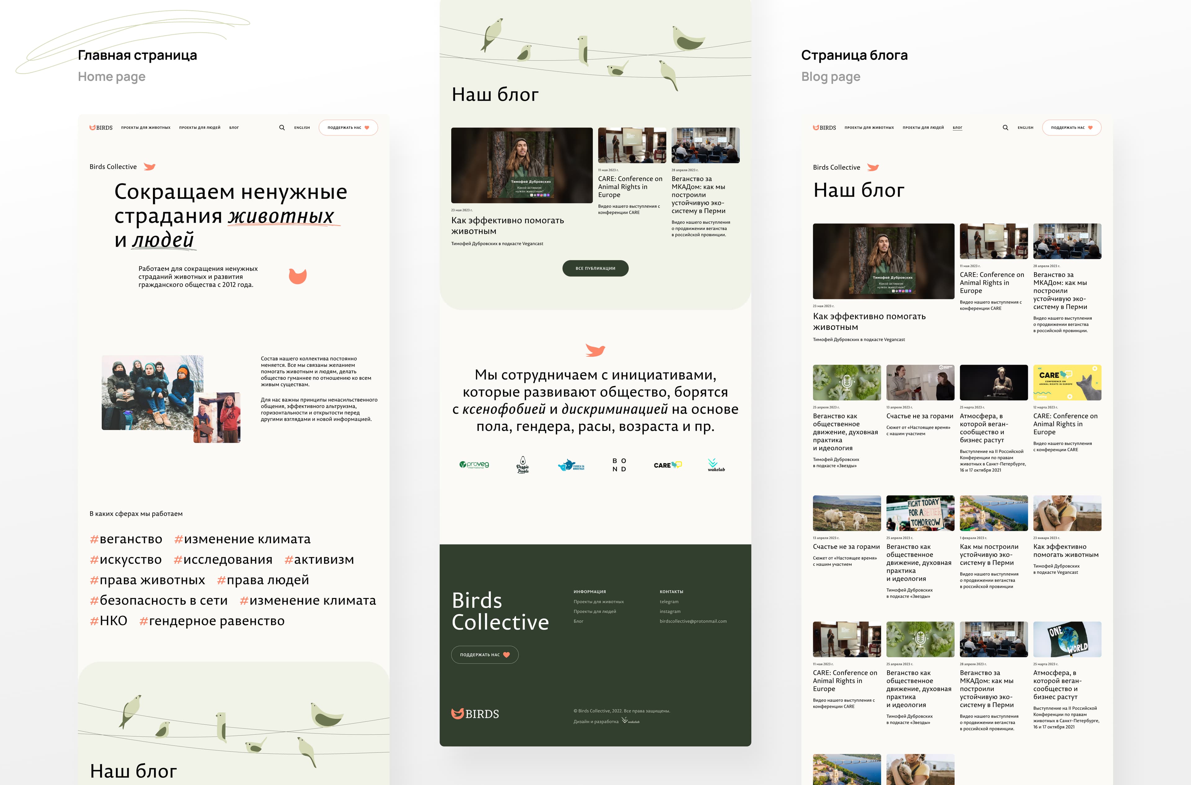 Birds Collective дизайн сайта. Главная страница и страница блога 
