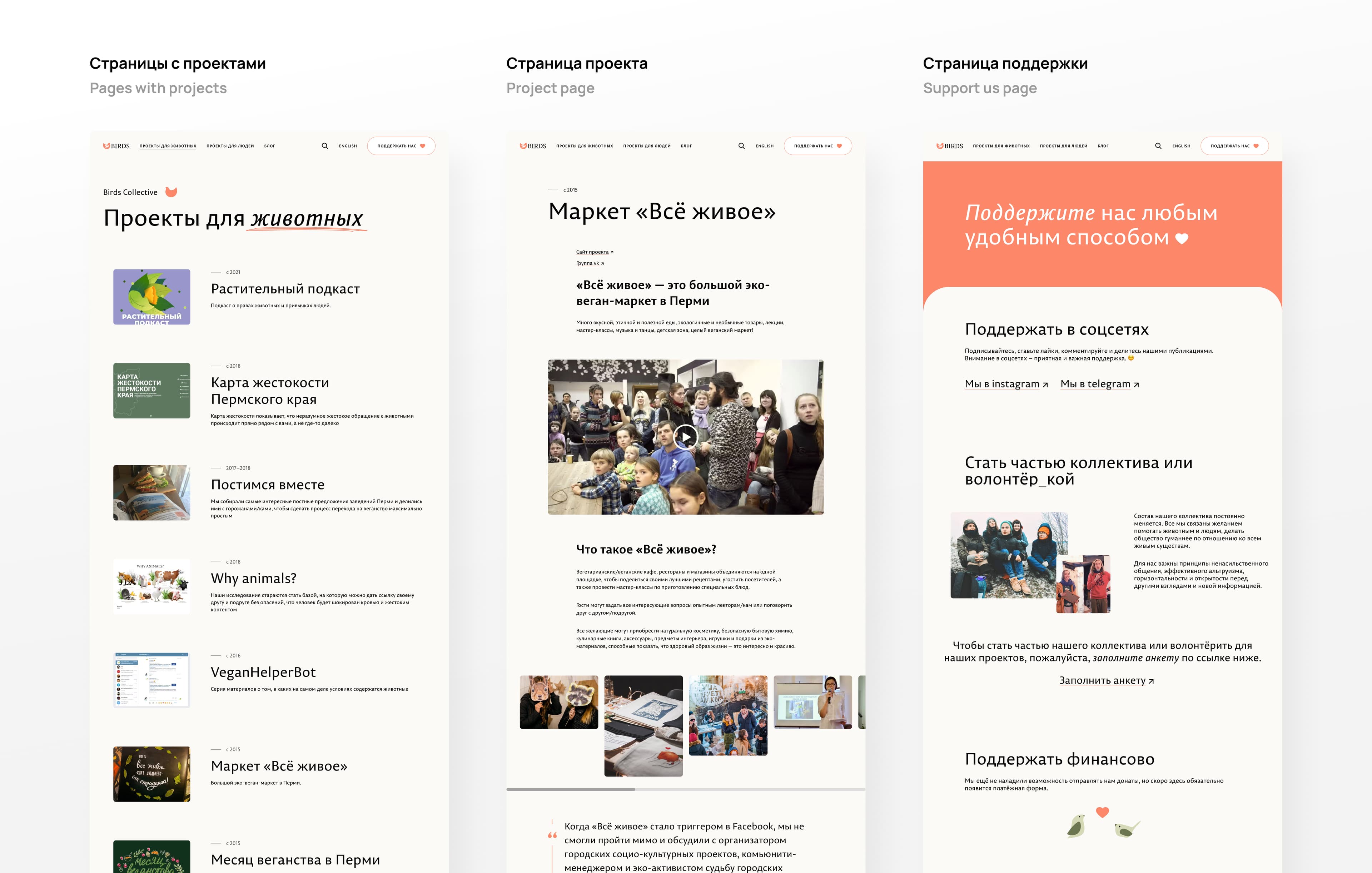 Birds Collective дизайн сайта. Страницы с проектами и способами поддержки 